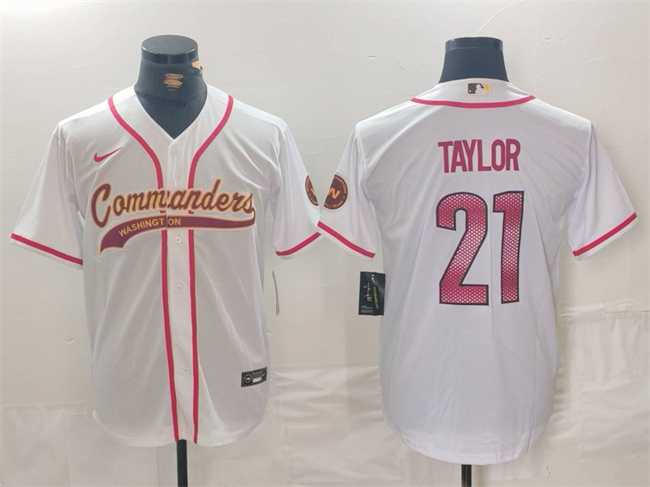 Men%27s Washington Commanders #21 Sean Taylor White With Patch Cool Base Stitched Baseball Jersey